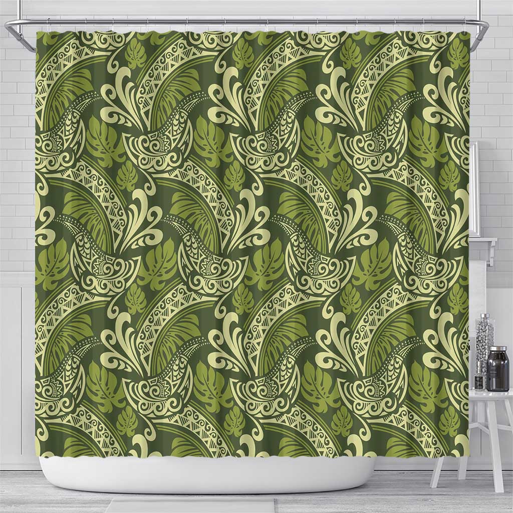 Olive Green Monstera Shower Curtain Polynesian Tribal Pattern - Polynesian Pride