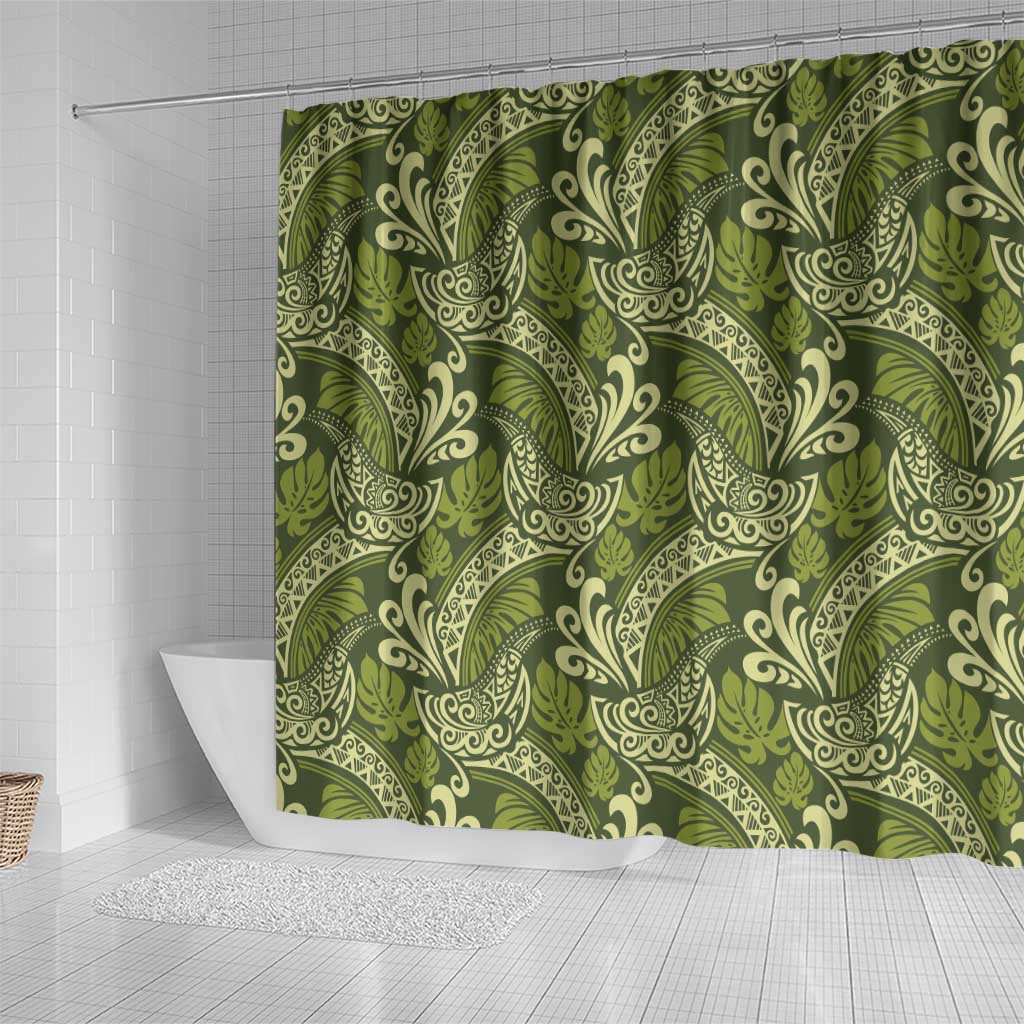 Olive Green Monstera Shower Curtain Polynesian Tribal Pattern - Polynesian Pride