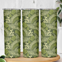 Olive Green Monstera Skinny Tumbler Polynesian Tribal Pattern - Polynesian Pride