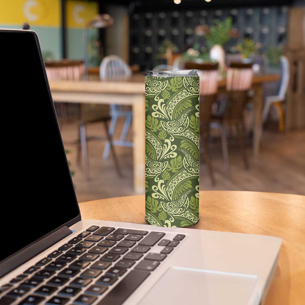 Olive Green Monstera Skinny Tumbler Polynesian Tribal Pattern - Polynesian Pride