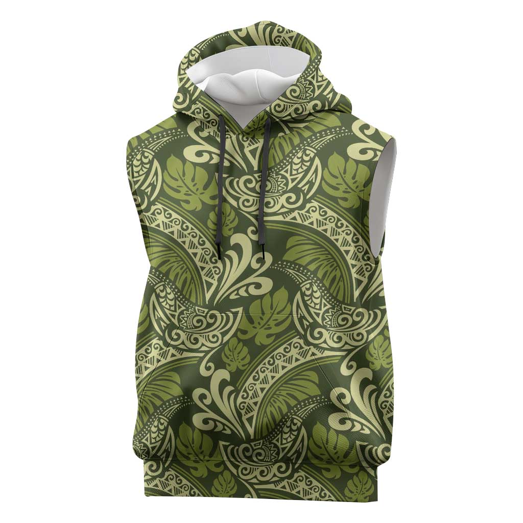 Olive Green Monstera Sleeveless Hoodie Polynesian Tribal Pattern - Polynesian Pride