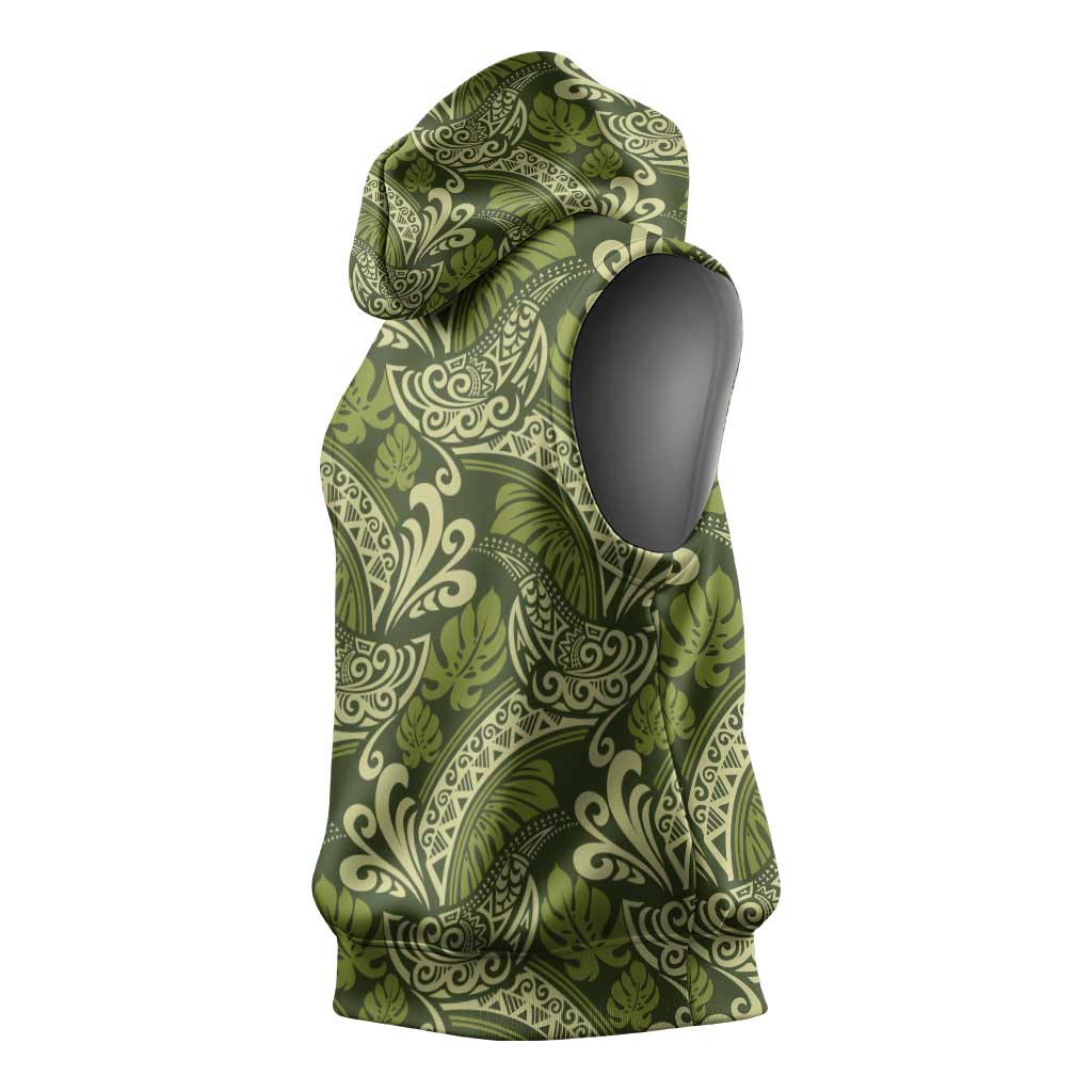 Olive Green Monstera Sleeveless Hoodie Polynesian Tribal Pattern - Polynesian Pride