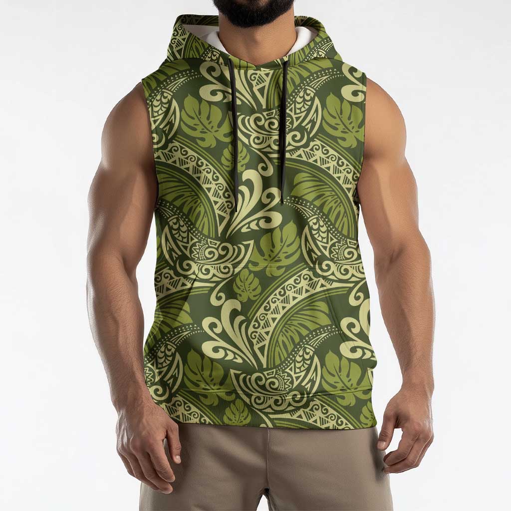 Olive Green Monstera Sleeveless Hoodie Polynesian Tribal Pattern - Polynesian Pride