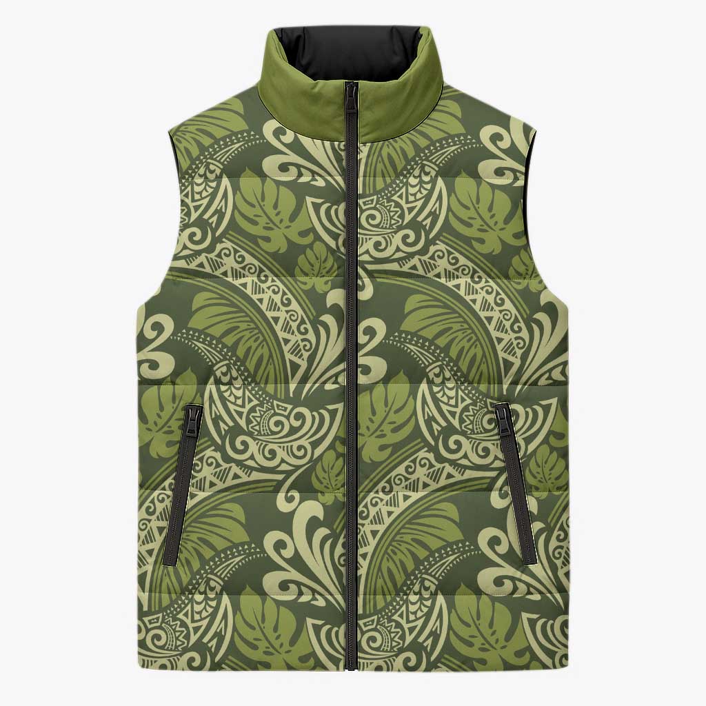 Olive Green Monstera Sleeveless Puffer Jacket Polynesian Tribal Pattern - Polynesian Pride