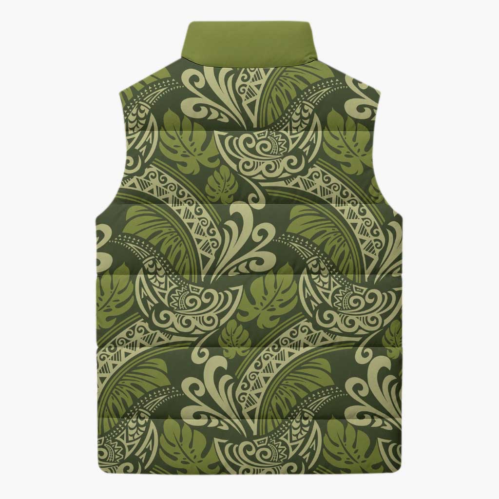 Olive Green Monstera Sleeveless Puffer Jacket Polynesian Tribal Pattern - Polynesian Pride