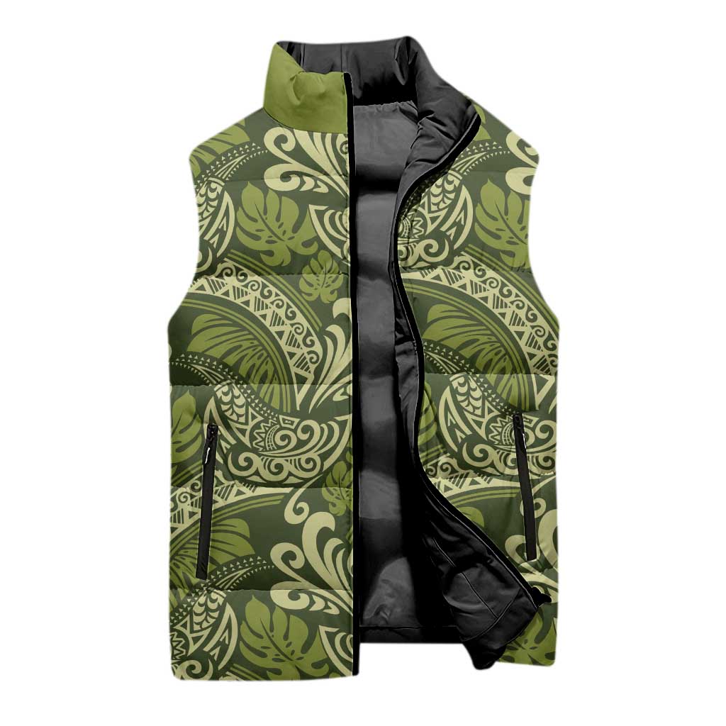 Olive Green Monstera Sleeveless Puffer Jacket Polynesian Tribal Pattern - Polynesian Pride
