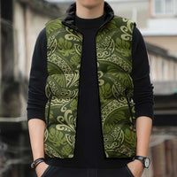 Olive Green Monstera Sleeveless Puffer Jacket Polynesian Tribal Pattern - Polynesian Pride