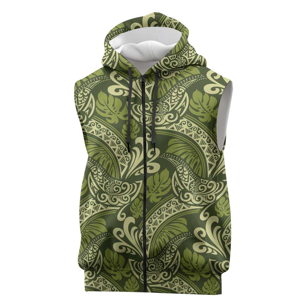 Olive Green Monstera Sleeveless Zip Hoodie Polynesian Tribal Pattern - Polynesian Pride