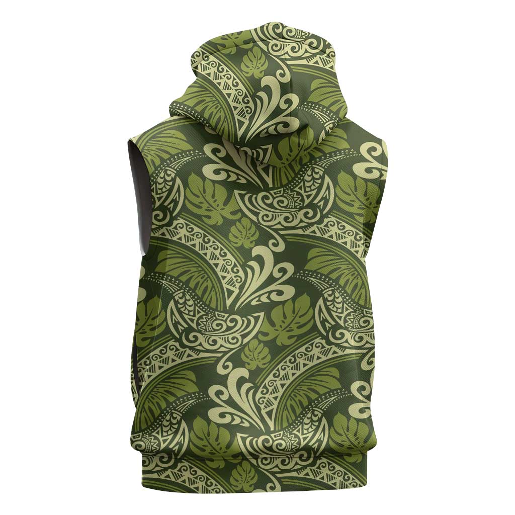 Olive Green Monstera Sleeveless Zip Hoodie Polynesian Tribal Pattern - Polynesian Pride