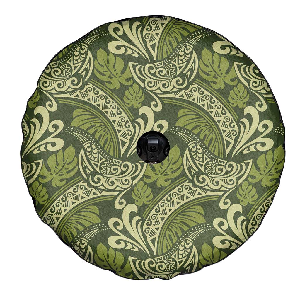 Olive Green Monstera Spare Tire Cover Polynesian Tribal Pattern - Polynesian Pride