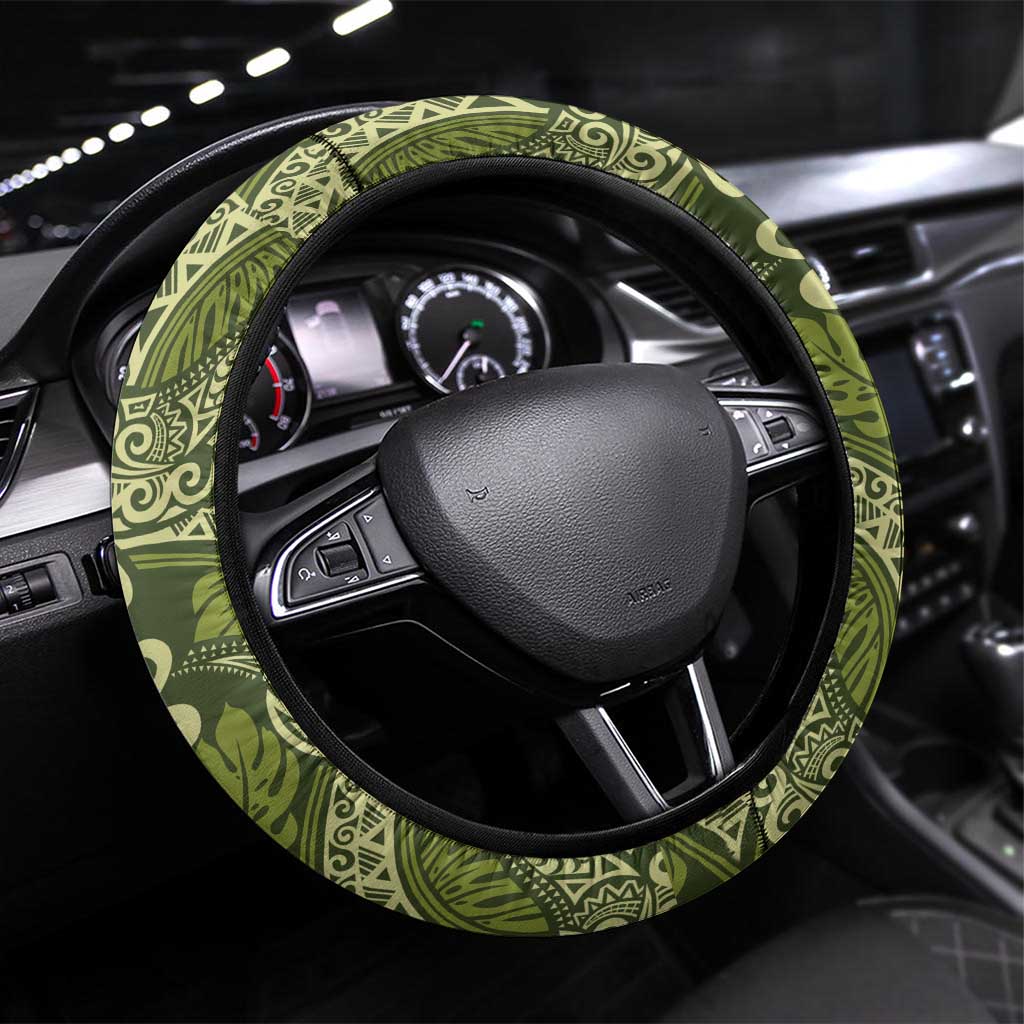 Olive Green Monstera Steering Wheel Cover Polynesian Tribal Pattern - Polynesian Pride