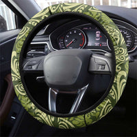 Olive Green Monstera Steering Wheel Cover Polynesian Tribal Pattern - Polynesian Pride