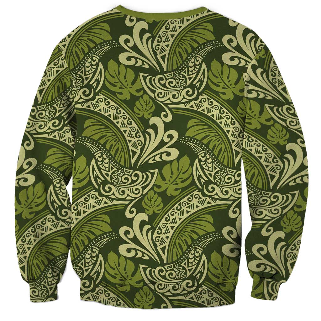 Olive Green Monstera Sweatshirt Polynesian Tribal Pattern - Polynesian Pride