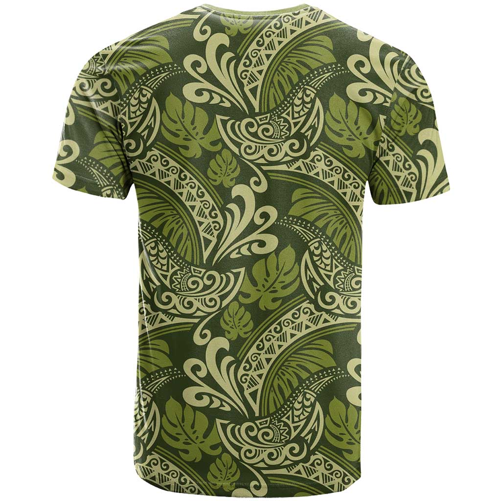 Olive Green Monstera T Shirt Polynesian Tribal Pattern - Polynesian Pride