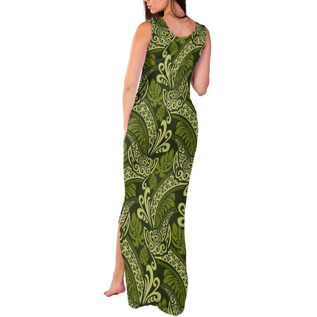 Olive Green Monstera Tank Maxi Dress Polynesian Tribal Pattern - Polynesian Pride