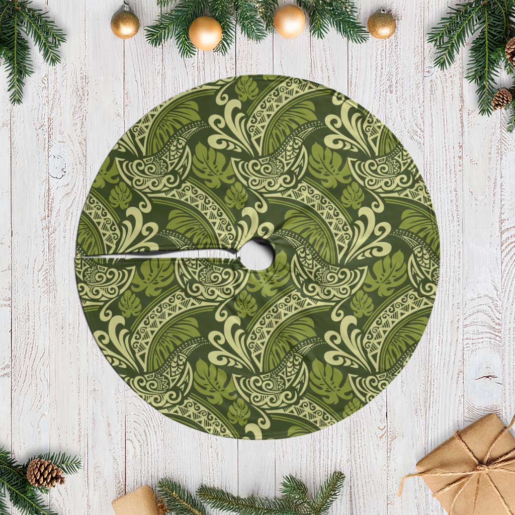 Olive Green Monstera Tree Skirt Polynesian Tribal Pattern - Polynesian Pride