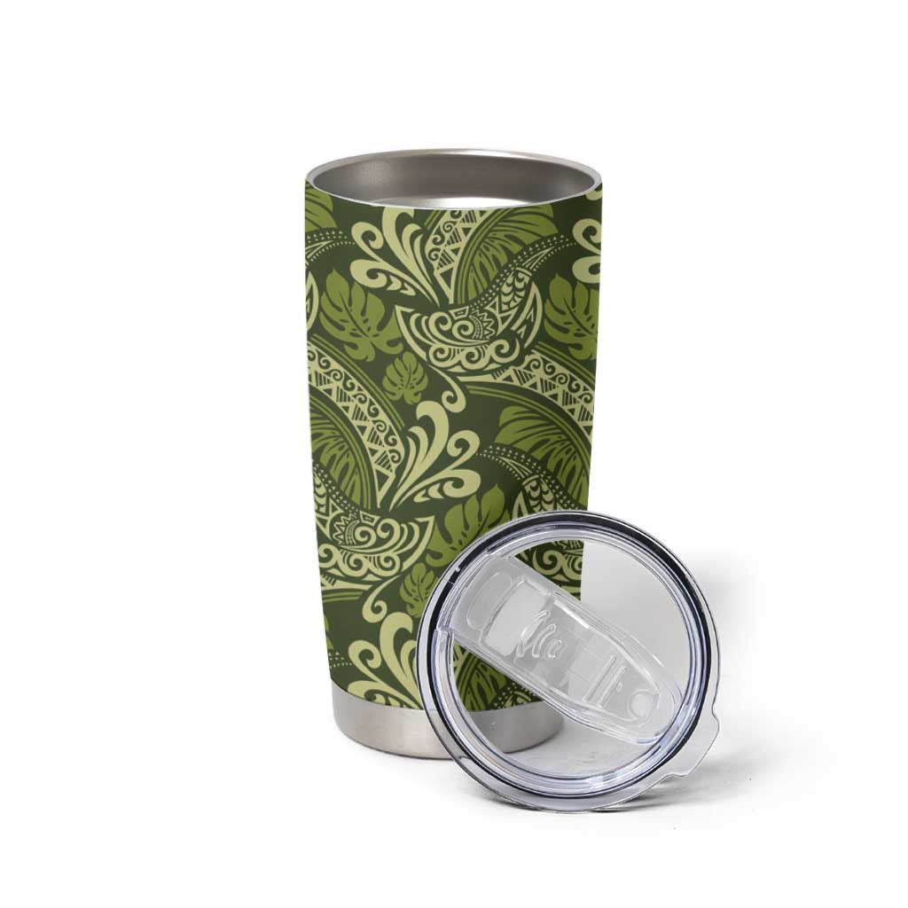 Olive Green Monstera Tumbler Cup Polynesian Tribal Pattern - Polynesian Pride