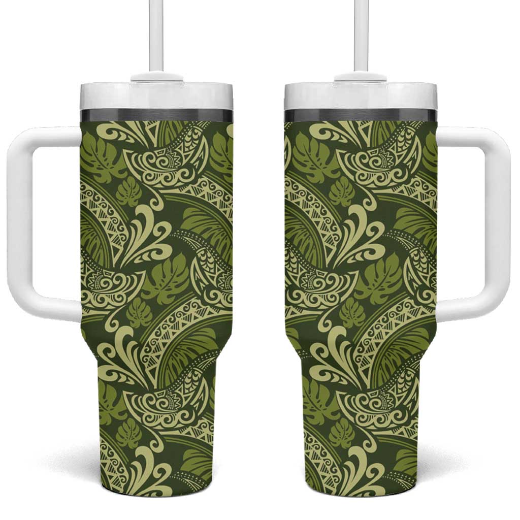 Olive Green Monstera Tumbler With Handle Polynesian Tribal Pattern - Polynesian Pride