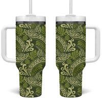 Olive Green Monstera Tumbler With Handle Polynesian Tribal Pattern - Polynesian Pride