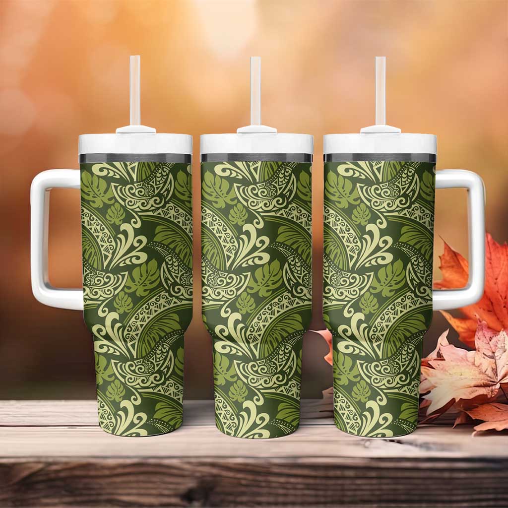 Olive Green Monstera Tumbler With Handle Polynesian Tribal Pattern - Polynesian Pride