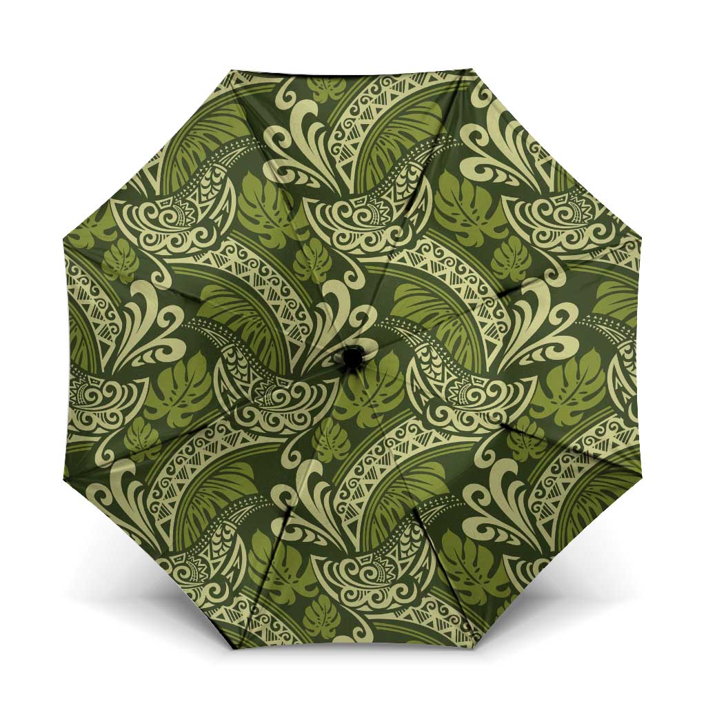Olive Green Monstera Umbrella Polynesian Tribal Pattern - Polynesian Pride