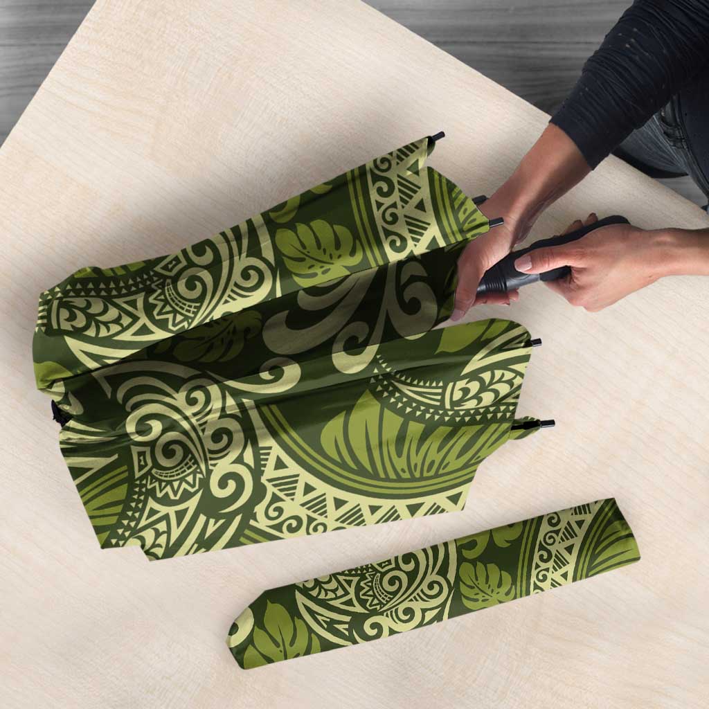 Olive Green Monstera Umbrella Polynesian Tribal Pattern - Polynesian Pride