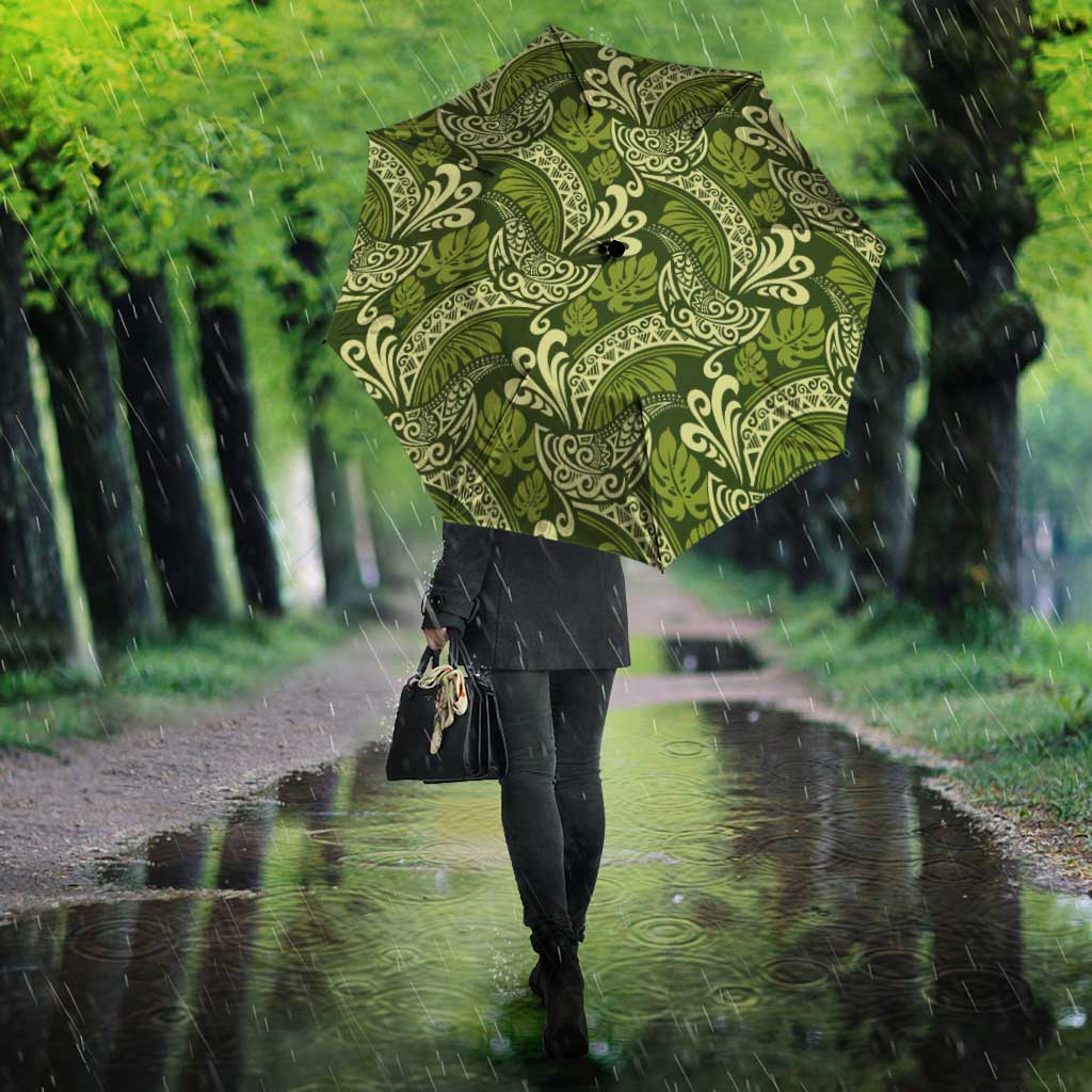 Olive Green Monstera Umbrella Polynesian Tribal Pattern - Polynesian Pride