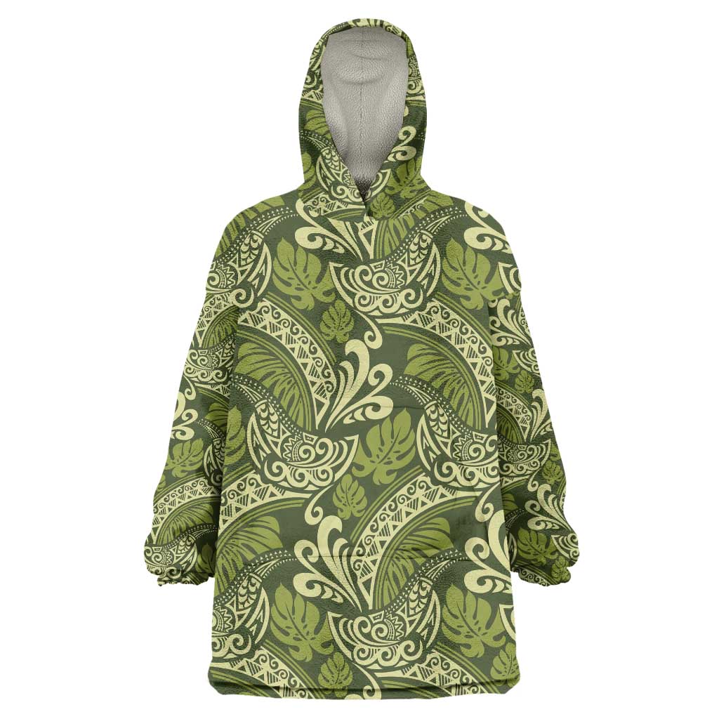 Olive Green Monstera Wearable Blanket Hoodie Polynesian Tribal Pattern - Polynesian Pride