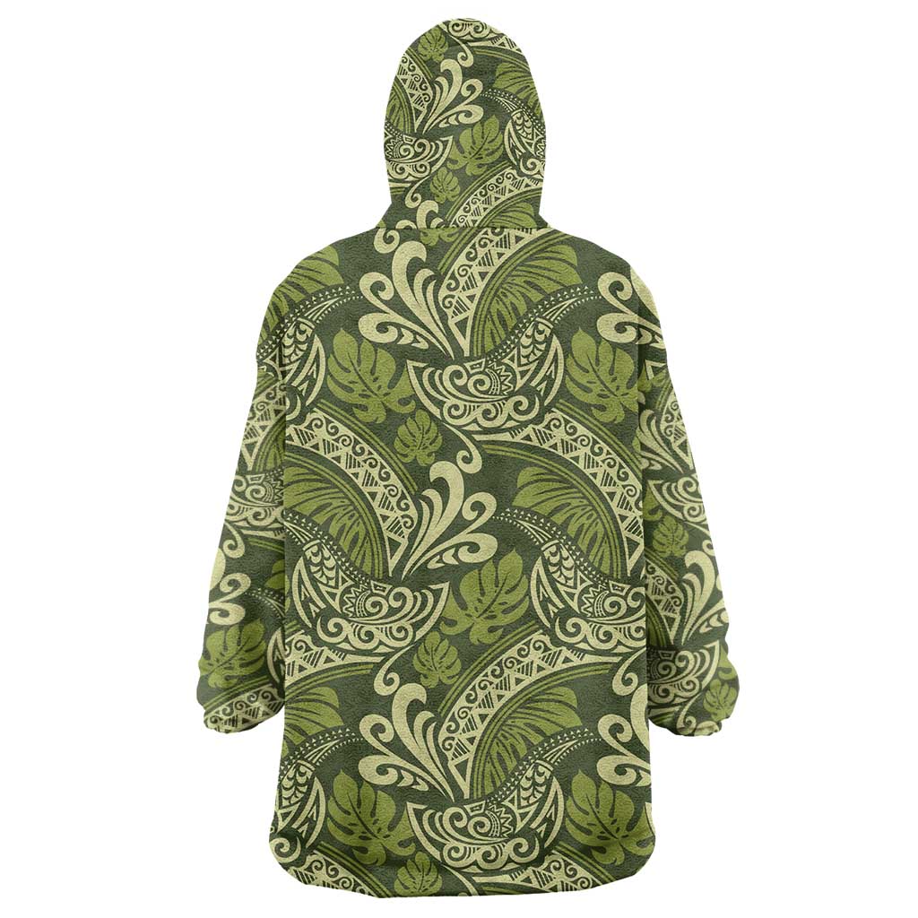 Olive Green Monstera Wearable Blanket Hoodie Polynesian Tribal Pattern - Polynesian Pride