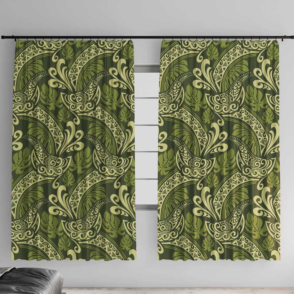 Olive Green Monstera Window Curtain Polynesian Tribal Pattern - Polynesian Pride