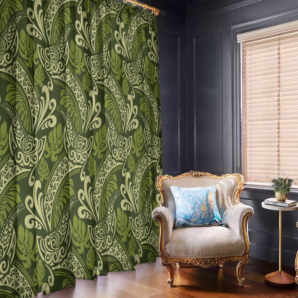 Olive Green Monstera Window Curtain Polynesian Tribal Pattern - Polynesian Pride