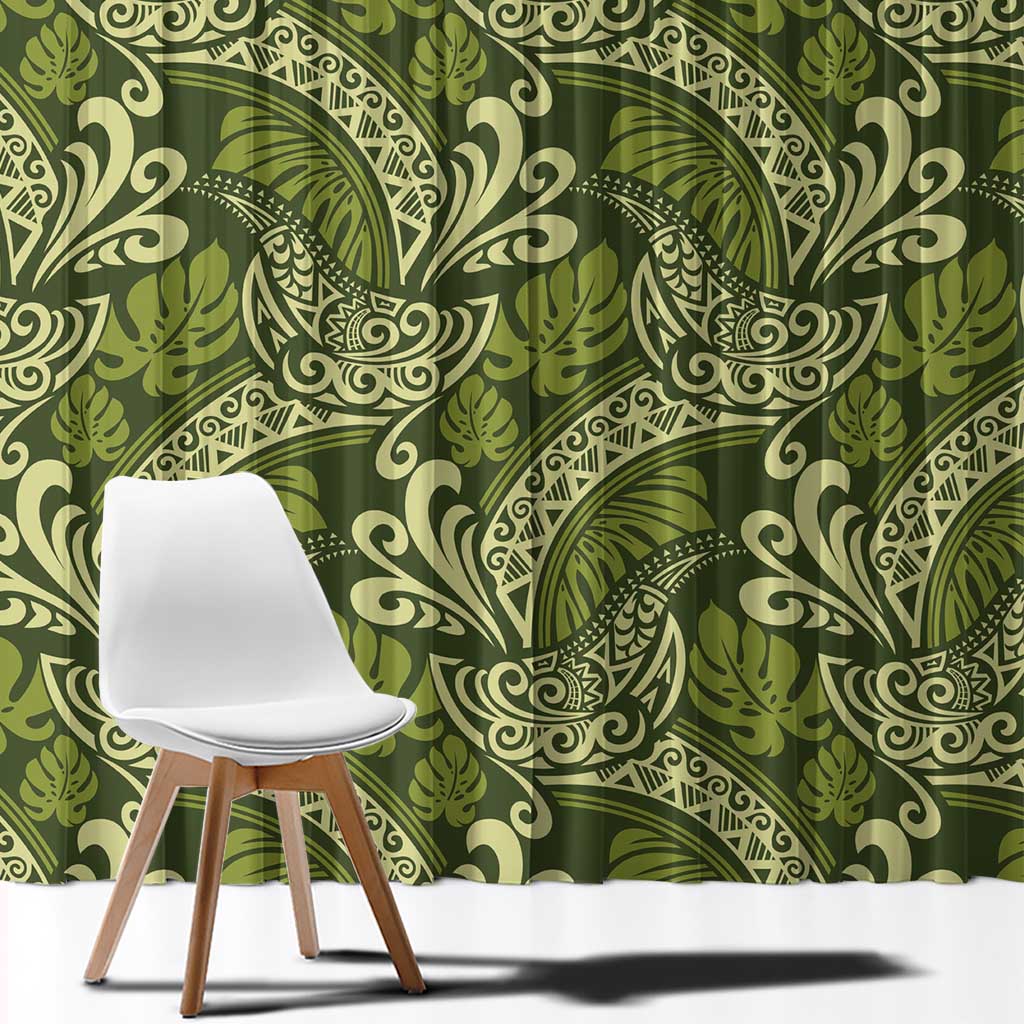 Olive Green Monstera Window Curtain Polynesian Tribal Pattern - Polynesian Pride