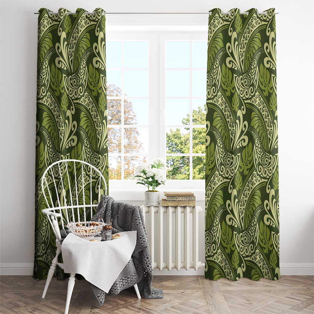 Olive Green Monstera Window Curtain Polynesian Tribal Pattern - Polynesian Pride