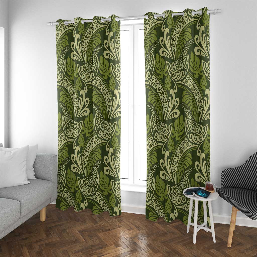 Olive Green Monstera Window Curtain Polynesian Tribal Pattern - Polynesian Pride