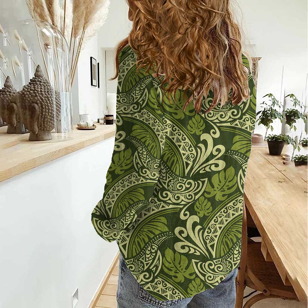 Olive Green Monstera Women Casual Shirt Polynesian Tribal Pattern - Polynesian Pride