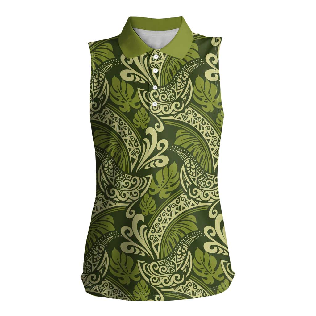 Olive Green Monstera Women Sleeveless Polo Shirt Polynesian Tribal Pattern - Polynesian Pride