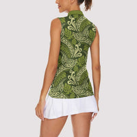 Olive Green Monstera Women Sleeveless Polo Shirt Polynesian Tribal Pattern - Polynesian Pride