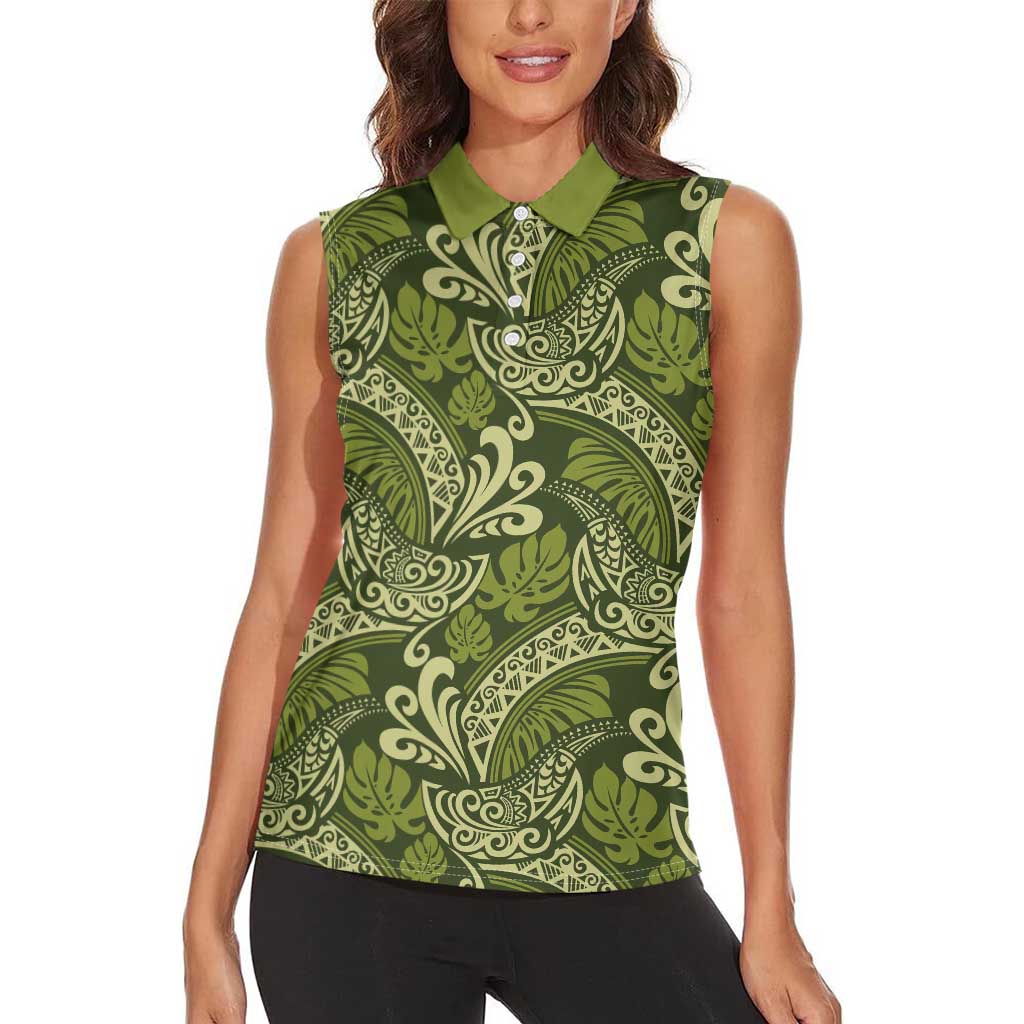 Olive Green Monstera Women Sleeveless Polo Shirt Polynesian Tribal Pattern - Polynesian Pride