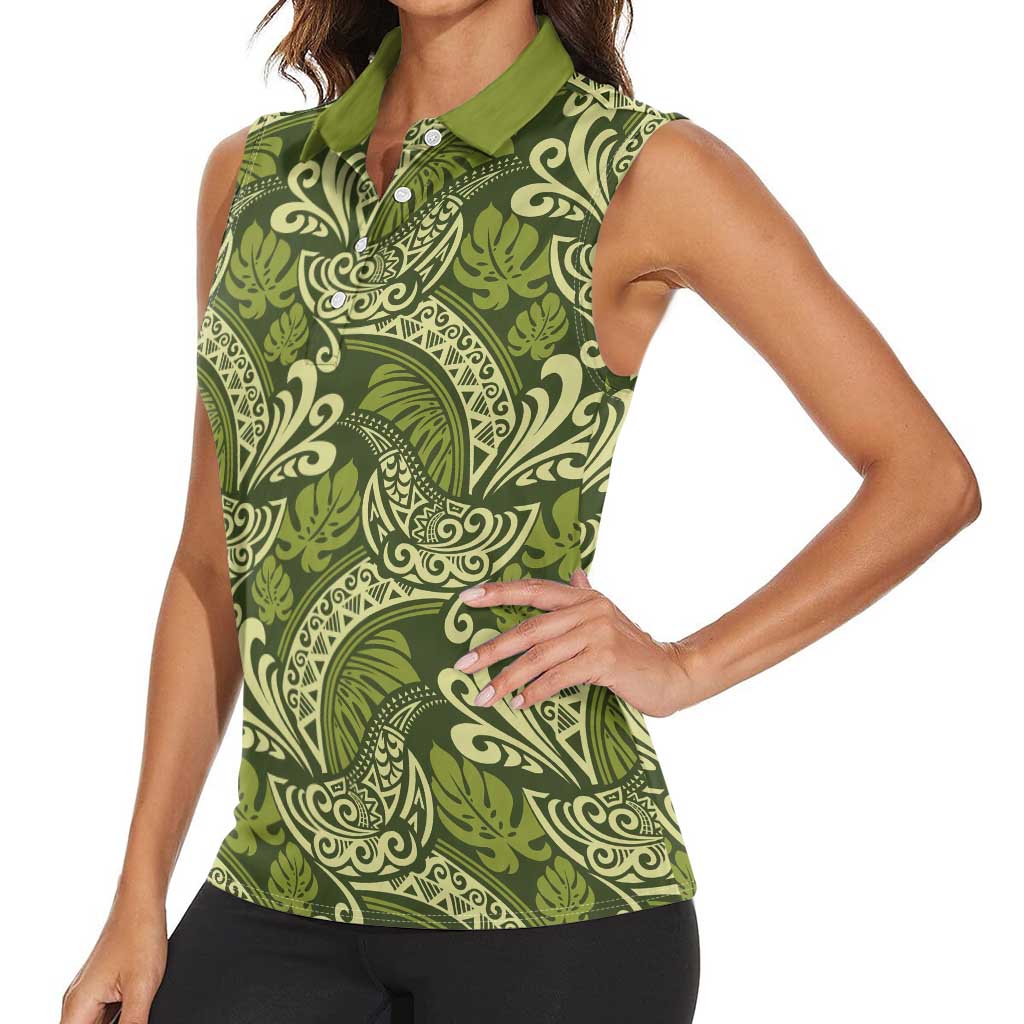 Olive Green Monstera Women Sleeveless Polo Shirt Polynesian Tribal Pattern - Polynesian Pride