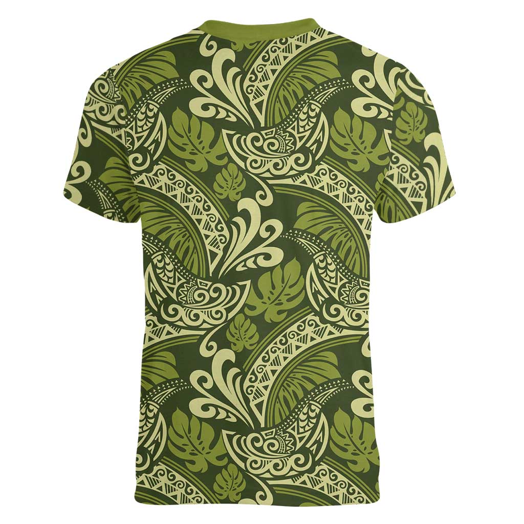 Olive Green Monstera Women V-Neck T-Shirt Polynesian Tribal Pattern - Polynesian Pride