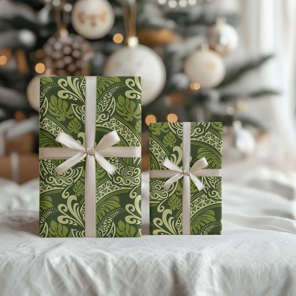 Olive Green Monstera Wrapping Paper Polynesian Tribal Pattern - Polynesian Pride