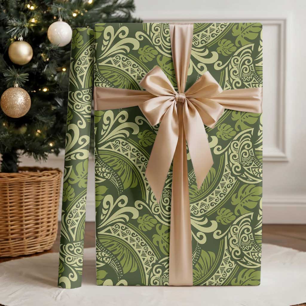 Olive Green Monstera Wrapping Paper Polynesian Tribal Pattern - Polynesian Pride