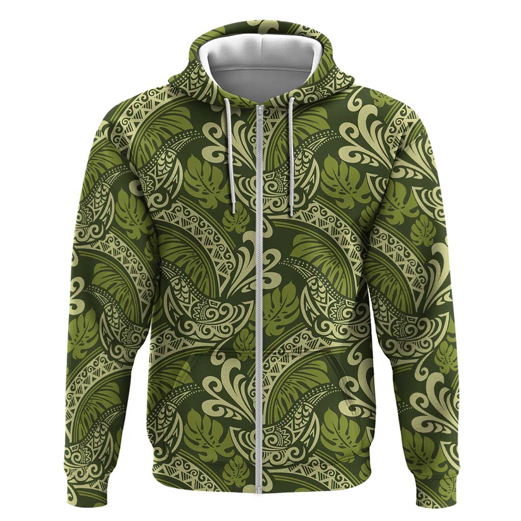 Olive Green Monstera Zip Hoodie Polynesian Tribal Pattern - Polynesian Pride