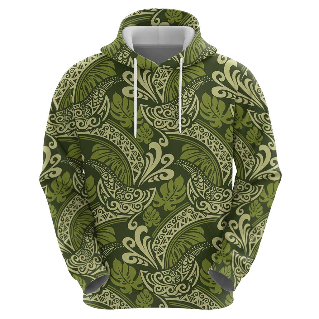 Olive Green Monstera Zip Hoodie Polynesian Tribal Pattern - Polynesian Pride