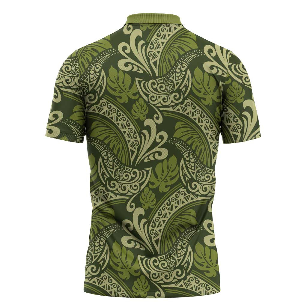 Olive Green Monstera Zipper Polo Shirt Polynesian Tribal Pattern - Polynesian Pride