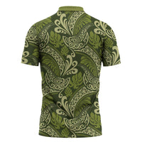 Olive Green Monstera Zipper Polo Shirt Polynesian Tribal Pattern - Polynesian Pride