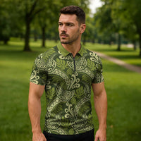 Olive Green Monstera Zipper Polo Shirt Polynesian Tribal Pattern - Polynesian Pride