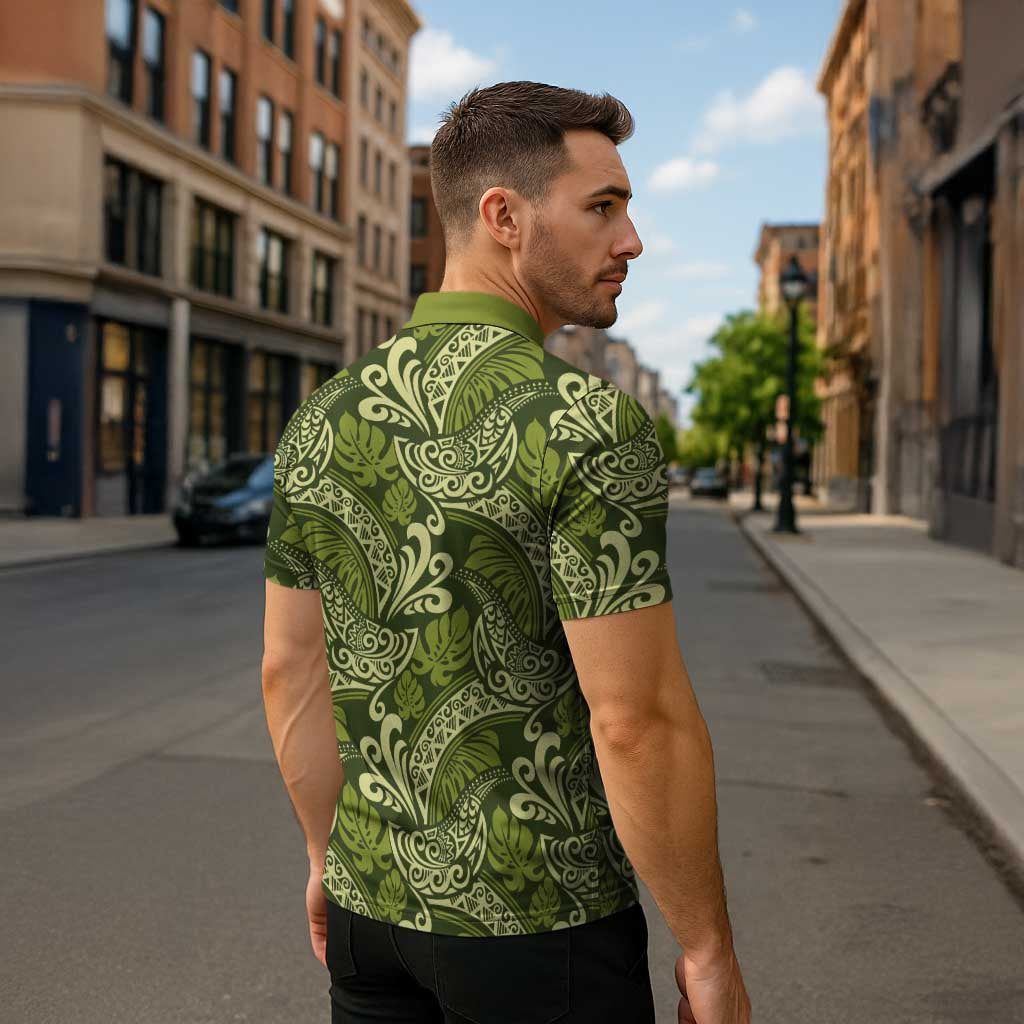 Olive Green Monstera Zipper Polo Shirt Polynesian Tribal Pattern - Polynesian Pride