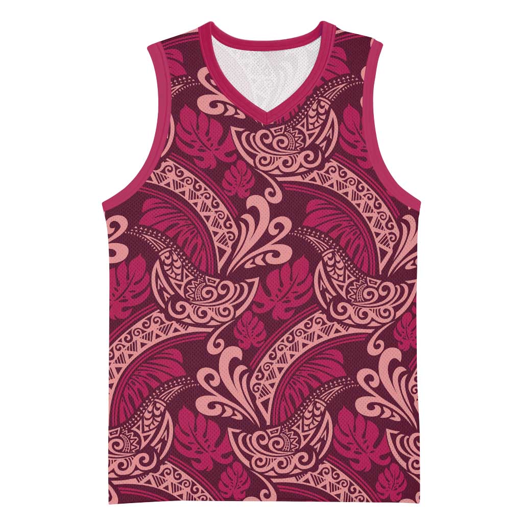 Sweet Pink Monstera Basketball Jersey Polynesian Tribal Pattern - Polynesian Pride