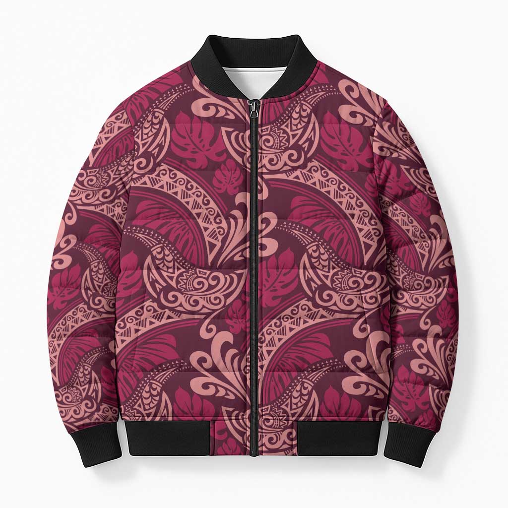 Sweet Pink Monstera Bomber Puffer Jacket Polynesian Tribal Pattern - Polynesian Pride